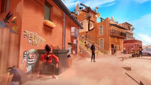 Carmen Sandiego chasing VILE operatives through a bustling city.