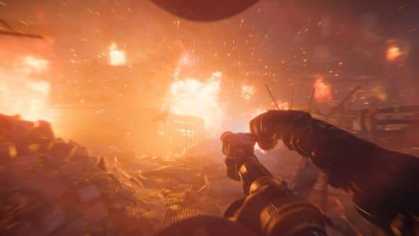 Solo firefighter surrounded by flames inside a building in Chornobyl Liquidators review, showcasing intense and immersive gameplay.
