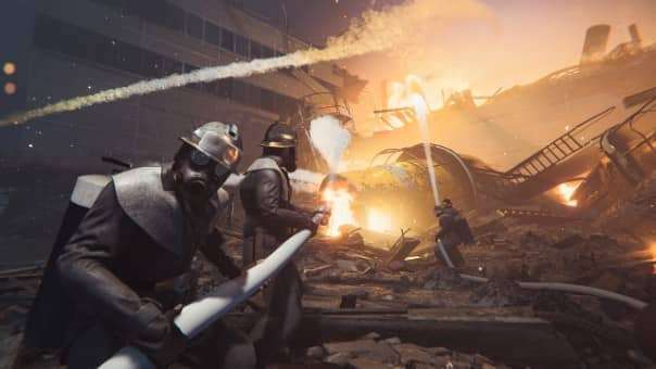 A firefighting team battles a blaze at a facility in Chornobyl Liquidators review, showcasing immersive gameplay and realistic mechanics.