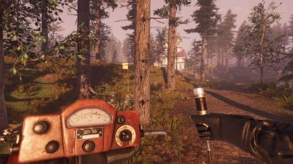 Using radiation testing equipment in a wooded area in Chornobyl Liquidators review, highlighting realistic and atmospheric gameplay.