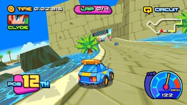 A blue car drifting around a corner at high speed in a high-octane racing scene, featured in game name review.