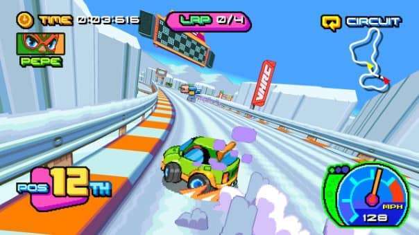 A green car drifting around a corner at high speed in a high-octane racing scene, featured in game name review.