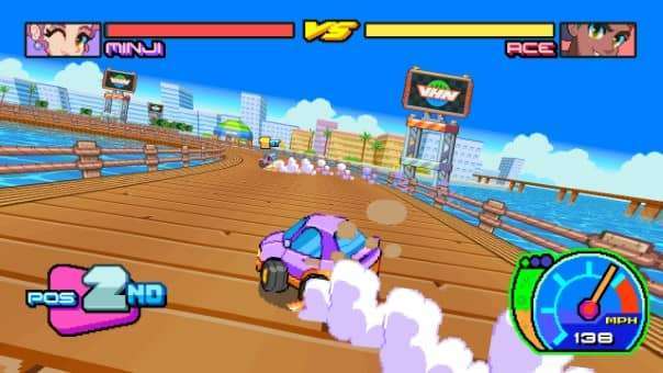 A purple car powersliding around a corner on a scenic harbor-based track in game name review.