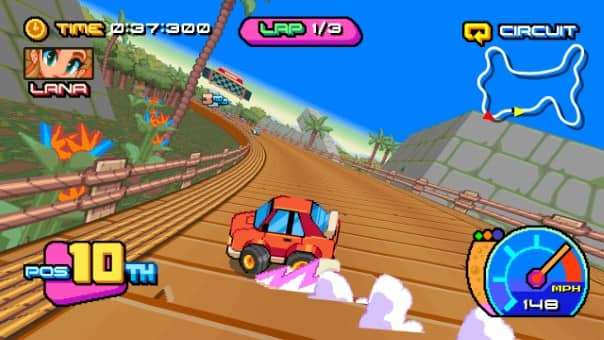 A red race car catching up to an opponent on a scenic harbor racetrack in game name review.