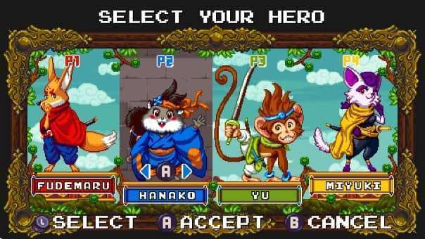Character select screen in Kemono Heroes review featuring four playable characters with distinct abilities in a vibrant retro style.
