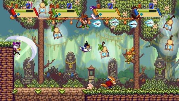 Screenshot of a jungle level in Kemono Heroes review, showcasing vibrant 2D visuals and action-platformer gameplay elements.