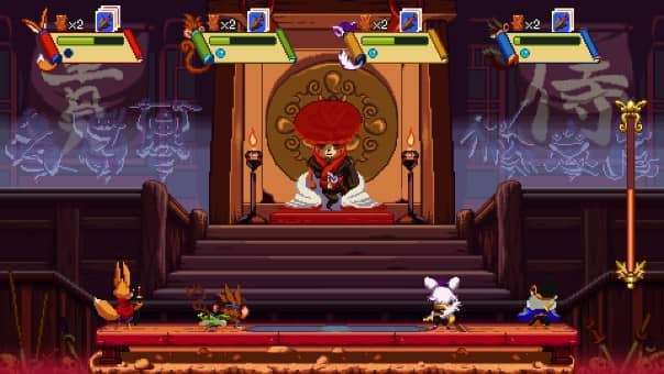 Characters kneeling before their master in Kemono Heroes review, showcasing a pivotal moment with retro-inspired visuals