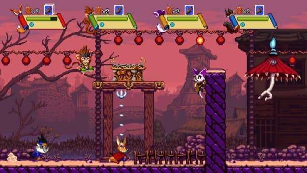 Screenshot of gameplay in an unnamed location in Kemono Heroes review, showcasing vibrant retro visuals and action-packed platforming.