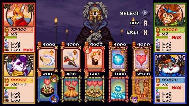 Shop screen showing inventory in Kemono Heroes review, featuring upgrade options, weapons, and extra lives for purchase.