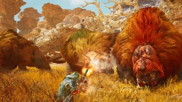 A hunter in our Monster Hunter Wilds Review stands ready as a group of wild beasts charge forward, showcasing the game's intense action.