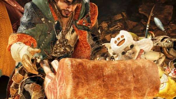 A hunter and their Felyne cooking a large chunk of meat over a grill in the Monster Hunter Wilds review, showcasing gameplay features.