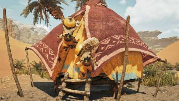 A Palico companion in the Monster Hunter Wilds review standing outside a pop-up tent, showcasing customizable companions and gameplay features.