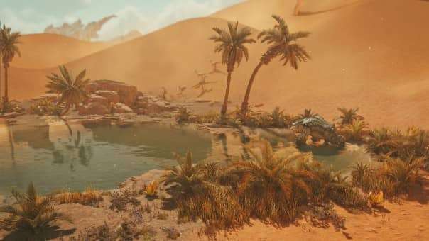 A serene waterhole nestled deep within the sand dunes in the Monster Hunter Wilds review, showcasing the game's dynamic environments.