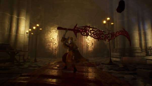 Character displaying a massive sword made of blood, radiating power – Mortal Rite Review.