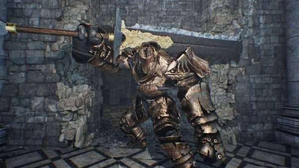 Profile view of a formidable enemy clad in bulky armor, wielding an axe – Mortal Rite Review.