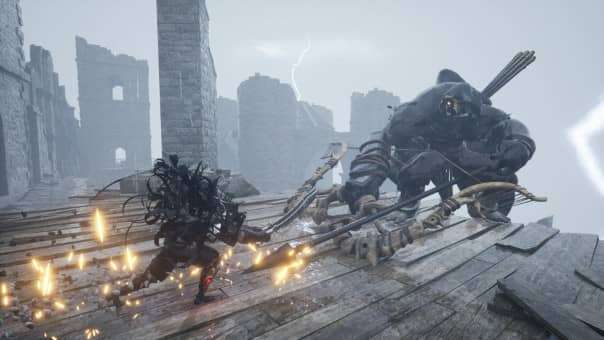 Rooftop battle scene with a towering boss character dominating the fight – Mortal Rite Review.