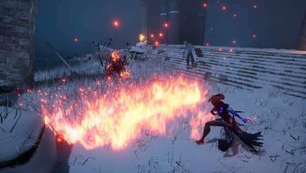 Character battling enemies in snow-covered terrain, unleashing piercing fire on the ground – Mortal Rite Review.