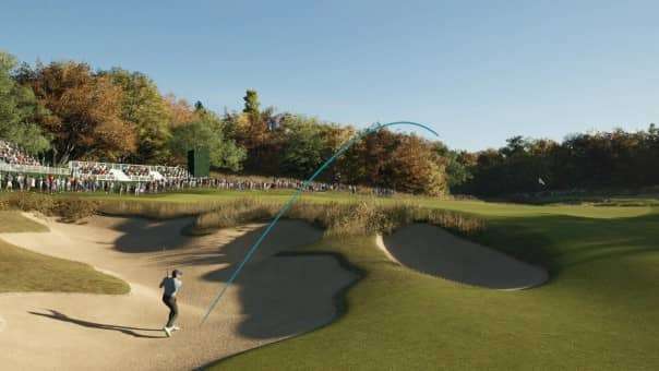 A golfer executing a bunker shot in PGA Tour 2K25 review, showcasing realistic golf mechanics and dynamic gameplay visuals.