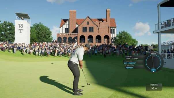 A created character putting with the crowd watching in PGA Tour 2K25 review, highlighting customization and immersive gameplay.