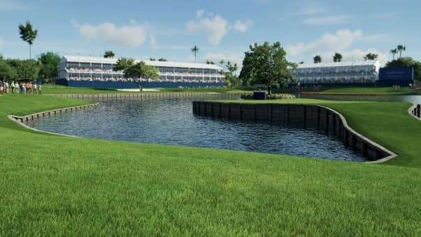 A picturesque shot of the lake and green in PGA Tour 2K25 review, showcasing the game’s stunning scenery and serene golf settings.