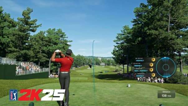 Tiger Woods teeing off in PGA Tour 2K25 review, showcasing realistic player models and immersive golf gameplay.