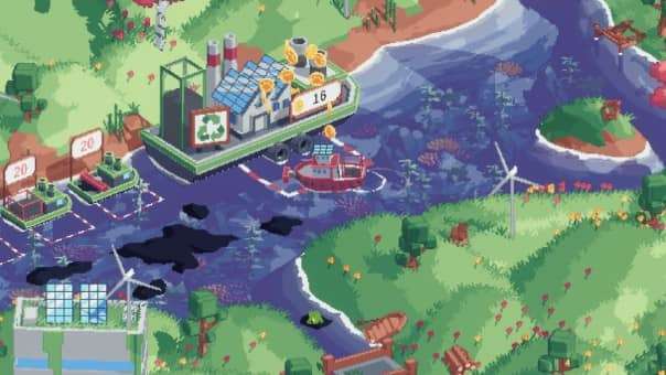 Spilled! review image of a ship visiting the barge to upgrade its speed, capacity, and hoover size, enhancing gameplay mechanics.
