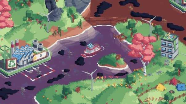 A ship in Spilled! review using its hoover to pick up oil from a polluted waterway, showcasing the cleanup gameplay.