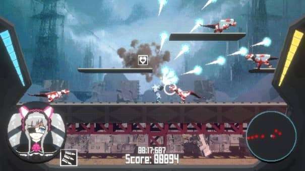 Animated combat stage in S.Prysm Destroyer review with stunning backdrops and fluid eight-way shooting mechanics.