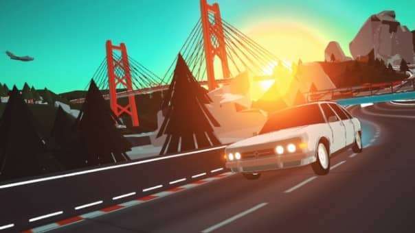 A car cornering with a bridge in the background and sun glare, captured in Sunrise GP review for immersive gameplay highlights