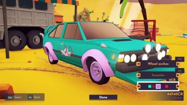 Car customization in Sunrise GP review, showing a player modifying the car's color, parts, and accessories.