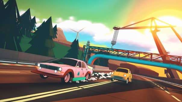 A group of cars racing through a picturesque environment in Sunrise GP review, showcasing vibrant scenery and intense competition.
