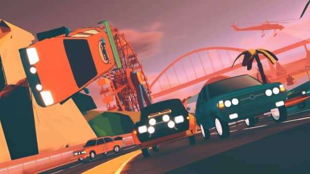 A race in Sunrise GP review, showing a car airborne and on its side, with a bridge and sun glare in the background.