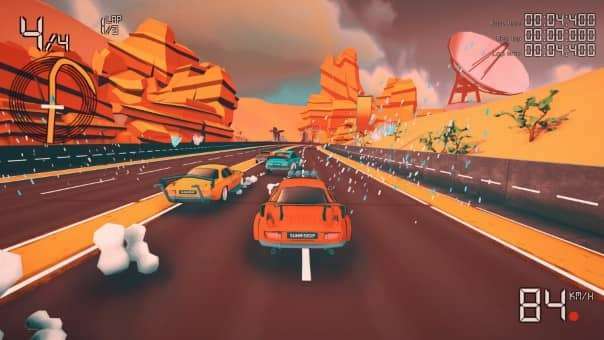 A race beginning in Sunrise GP review, shown from a third-person view of the player’s car on the starting grid.