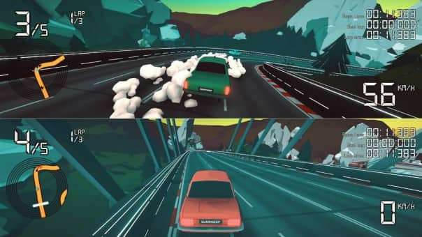 Split-screen multiplayer gameplay in Sunrise GP review, showcasing four players racing simultaneously on one screen.