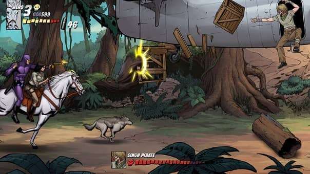 Horse chase scene from The Phantom game review with the player pursuing a bomb-dropping aeroplane.