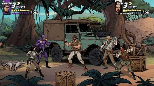 Jungle combat scene from The Phantom game review featuring the player battling enemies in a vibrant jungle environment.