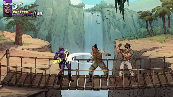 In-game fight scene from The Phantom game review featuring combat on a wooden bridge in a jungle environment.