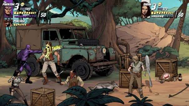 Players squaring up for combat in The Phantom game review, set against a vibrant jungle backdrop.