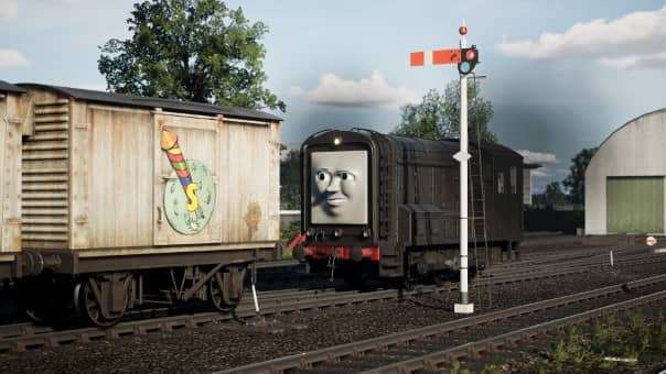 Diesel at the station in Train Sim World 5 Thomas and Friends DLC review PlayStation 5, showcasing his detailed cockpit view.