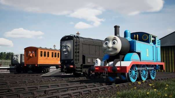 Thomas, Clarence, and Diesel together in Train Sim World 5 Thomas and Friends DLC review PlayStation 5, at the station with stunning visuals
