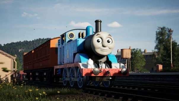 Happy Thomas on the railway lines in Train Sim World 5 Thomas and Friends DLC Review PlayStation 5, showcasing detailed visuals.
