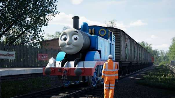Thomas meeting with a railway worker in Train Sim World 5 Thomas and Friends DLC Review PlayStation 5, showcasing detailed interactions.