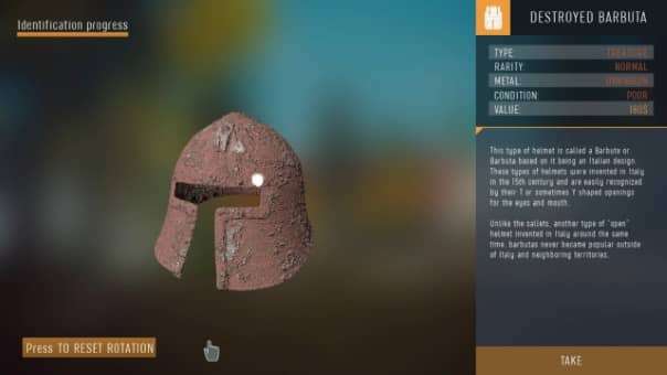 Treasure Hunter Simulator review image featuring a detailed examination of a Roman helmet.