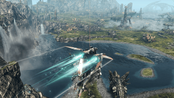 Xenoblade Chronicles X Definitive Edition review showing a Skell in flying mech form soaring over the vast game world.