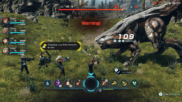 Xenoblade Chronicles X Definitive Edition review showing the team battling a massive, ferocious monster in the open world.