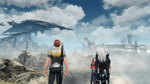 Xenoblade Chronicles X Definitive Edition review showing the team overlooking a breathtaking, expansive landscape.