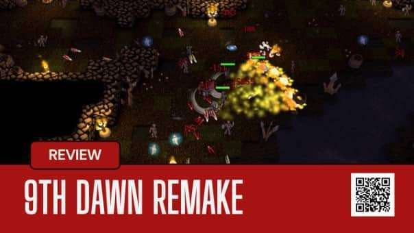A chaotic battle scene from 9th Dawn Remake where spells light up the darkness as enemies swarm the player.