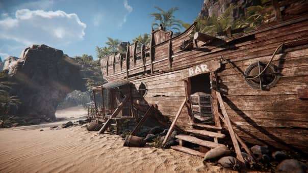 A striking converted shipwreck bar from Amerzone: The Explorer's Legacy Review, blending mystery, adventure, and immersive world-building.