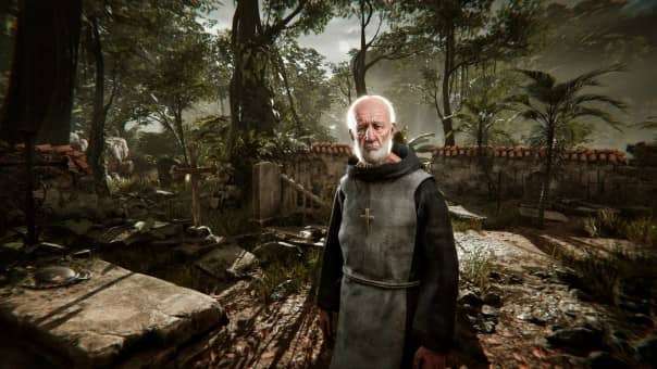 A weary priest deep in conversation from Amerzone: The Explorer's Legacy Review, reflecting the game's immersive storytelling and atmosphere.