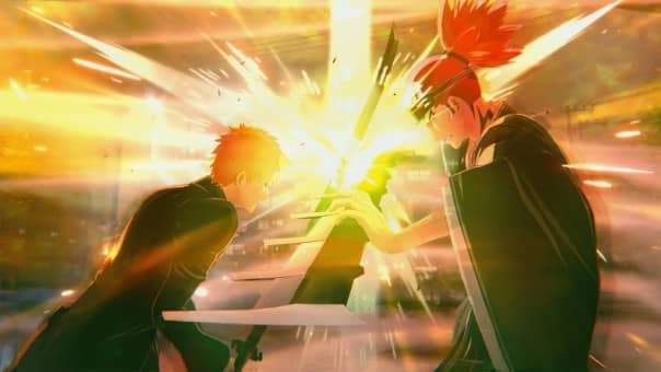 Bleach Rebirth of Souls Review captures a dramatic clash between two characters, showcasing explosive combat and high-energy action.